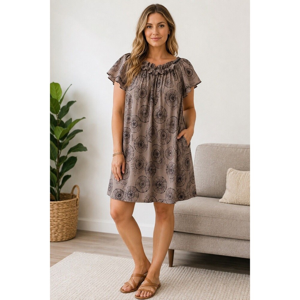 Mossimo Women's Taupe/Black Print Ruffle Neck Short Sleeve Dress Lined SZ XL